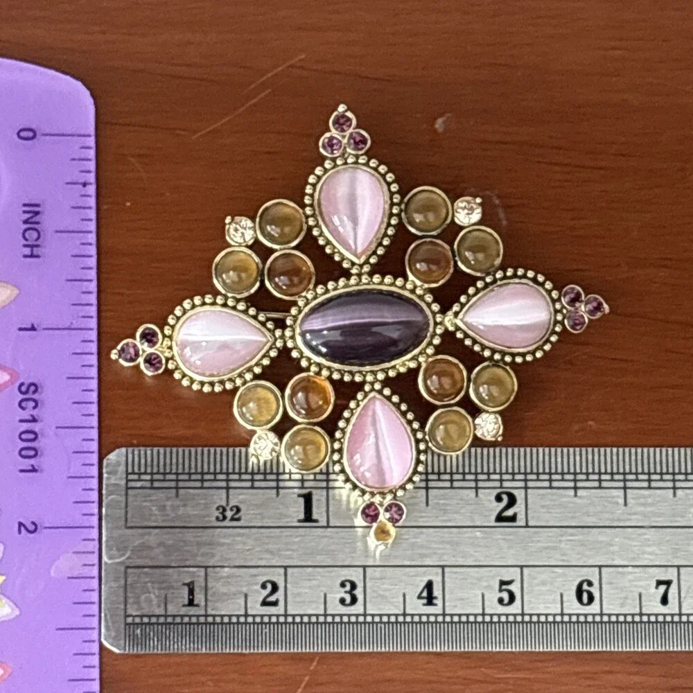 Multicolor Pink Purple Amber Cabochon Gold Brooch Pin Bold Flower Cross Shape